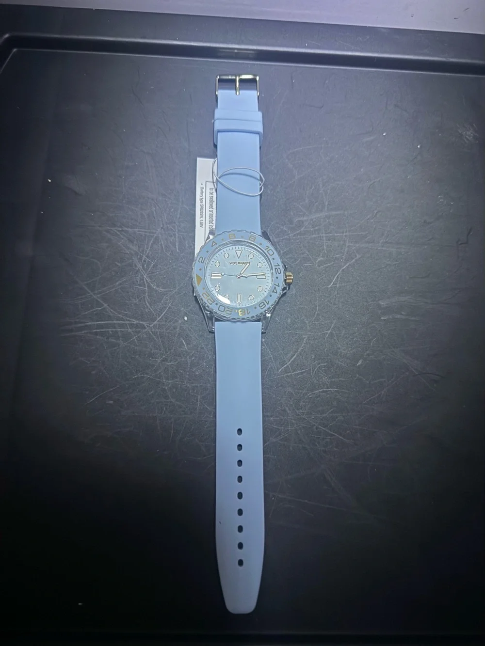 Steve Madden Light Blue Silicone Strap Watch with Gold Accents